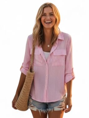 Pink & White Striped Button Down Shirt - Small - Roll Tab Sleeve